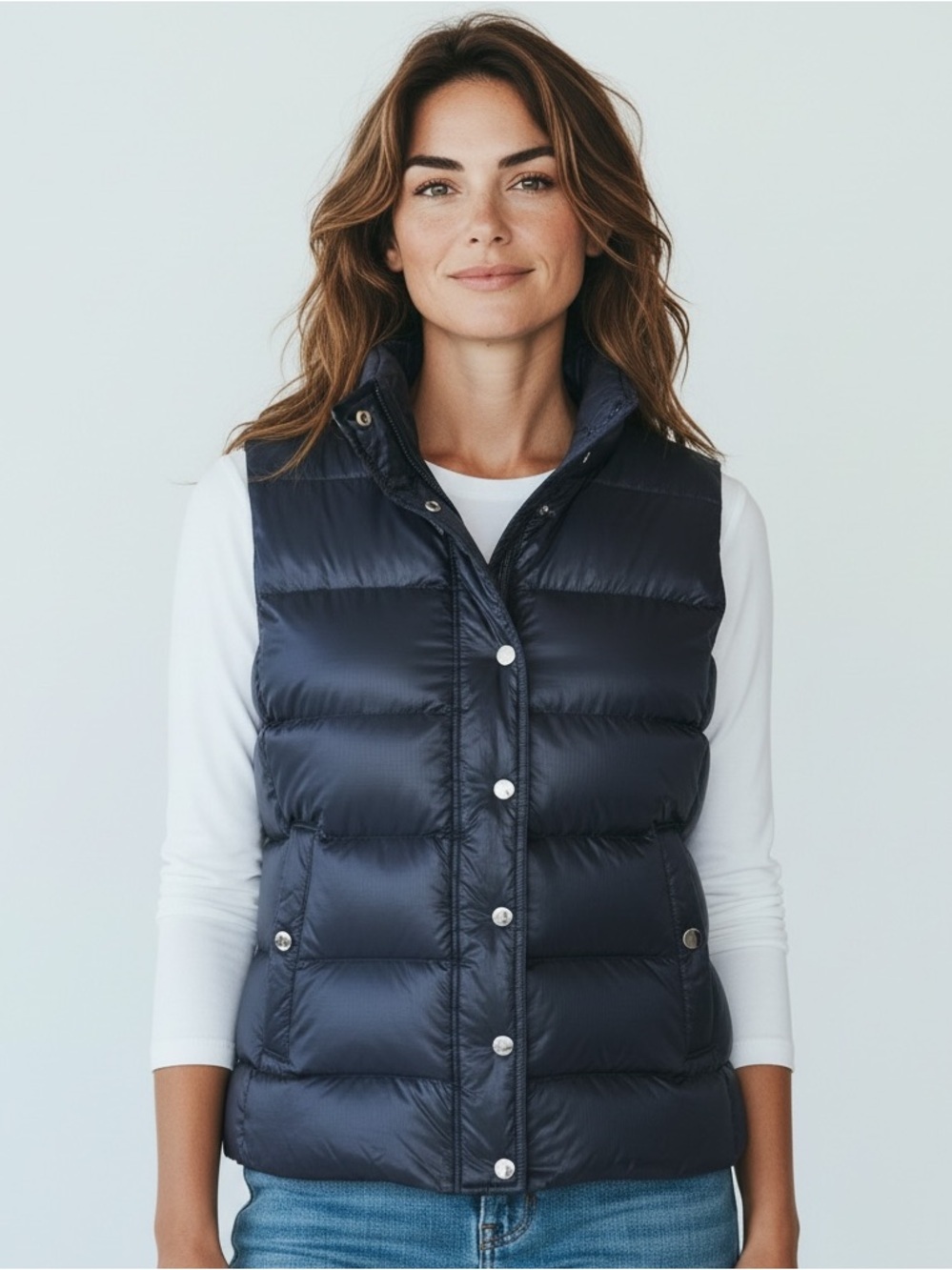 J CREW ladies, navy puffer, jacket, size, medium, zipper snap closure, exc cond